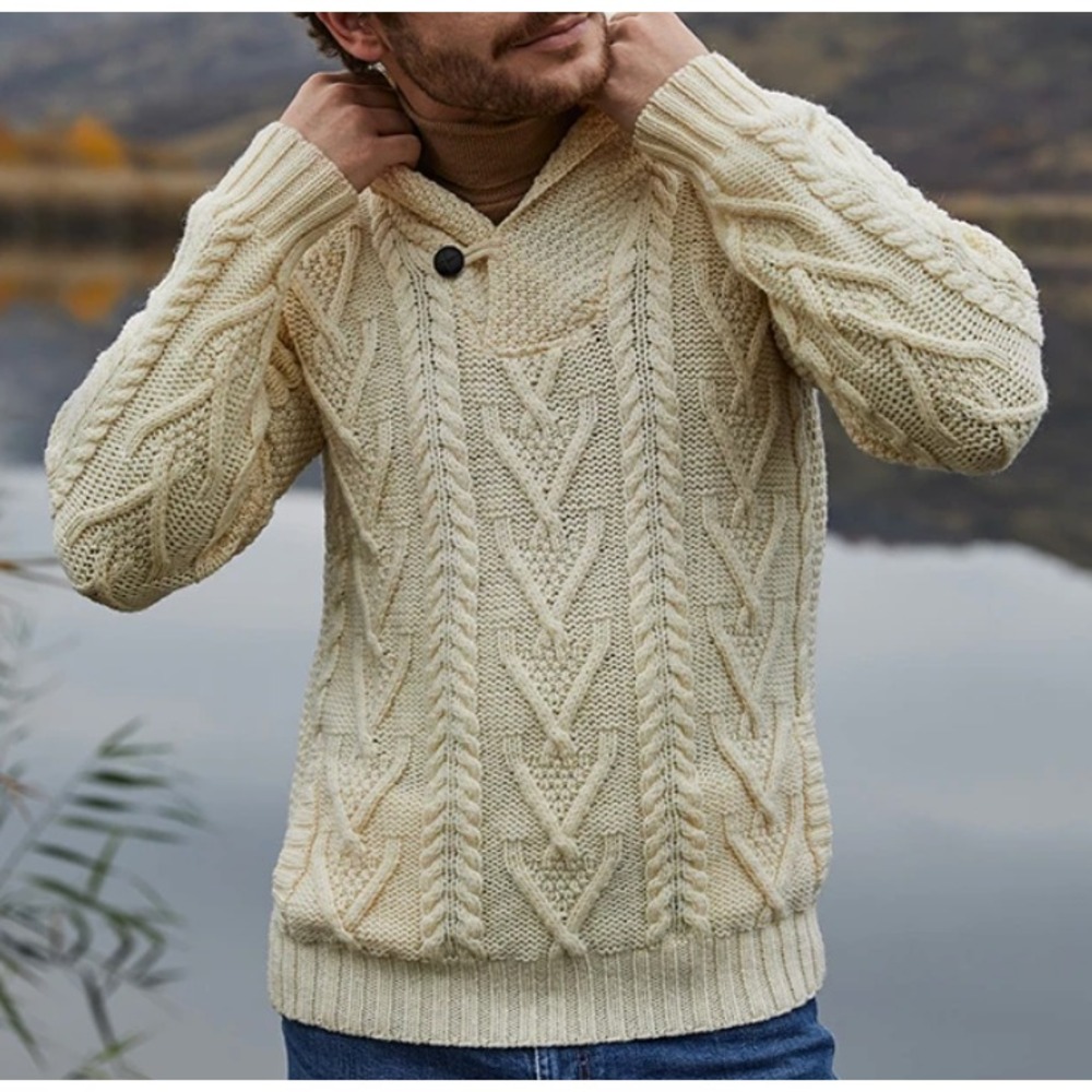Aran Crafts Men size S Ireland 100% Merino Wool Fisherman Cable Knit Sweater a7